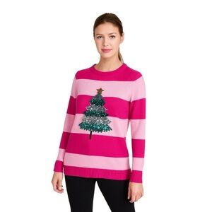 Christmas sweater Festive Pink Striped Sweater with Sequin Tree